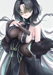  absurdres azur_lane bare_shoulders black_bodysuit black_dress black_hair bodysuit bodysuit_under_clothes breasts bridal_gauntlets commentary_request domino_mask dress elbow_gloves eye_mask female folding_fan fur-trimmed_gloves fur_trim gloves hand_fan head_tilt highres holding holding_fan huan_ch&#039;ang_(azur_lane) large_breasts long_hair looking_at_viewer mask osatou_(soul_of_sugar) sideboob sidelocks sleeveless sleeveless_bodysuit sleeveless_dress solo very_long_hair 