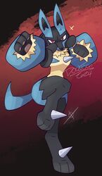  2024 ambiguous_gender anthro black_body black_fur blue_body blue_fur chest_spike doodtoon female fur generation_4_pokemon looking_at_viewer lucaria_(doodtoon) lucario nintendo on_one_leg pawpads pokemon pokemon_(species) pose pupils red_eyes signature simple_background sleeves slit_pupils solo spikes spikes_(anatomy) standing tan_body tan_fur 