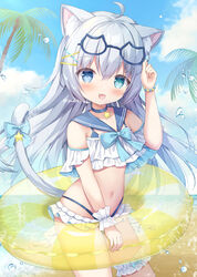  :d an_meng_meng_(vtuber) animal_ears aqua_eyes bikini blue_eyes cat-shaped_eyewear cat_ears cat_tail commission female grey_hair heterochromia highres indie_virtual_youtuber oerba_yun_fang outdoors skeb_commission skin_fang smile solo swimsuit tail virtual_youtuber yuduki_pdx 