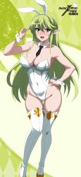  absurdres animal_ears bare_shoulders between_breasts black_necktie boots breasts covered_navel detached_collar elf elsword fake_animal_ears green_eyes green_hair hand_on_own_hip highres indexxryo large_breasts leotard long_hair necktie necktie_between_breasts playboy_bunny pointy_ears rabbit_ears rabbit_tail rena_erindel strapless strapless_leotard tail thigh_boots white_leotard wind_sneaker_(elsword) wrist_cuffs 