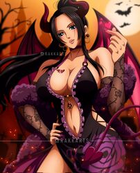  bat_(animal) bat_wings black_hair blue_eyes blush boa_hancock breasts cleavage cross-laced_clothes cross-laced_dress detached_sleeves dress english_commentary female finger_heart floral_print fur_trim halloween halloween_costume hand_on_own_hip heart highres jewelry large_breasts light_smile long_hair nail_polish navel one_piece outdoors purple_nails rakara11_(rakkarts) revealing_clothes thighs two-tone_dress very_long_hair wings 