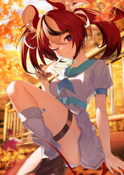  absurdres animal_ear_fluff animal_ears arm_support autumn_leaves belt black_hair blue_belt blue_eyes blue_neckerchief blue_sailor_collar blurry blurry_background breasts brown_footwear brown_scrunchie closed_mouth evening female fingernails hair_between_eyes hakos_baelz hand_up highres holohoneygaoka_high_school_uniform holohoneygaoka_koukou hololive hololive_english jiang_ye_kiri knee_up leaf light_blush light_smile loafers long_fingernails long_hair looking_at_viewer loose_socks maple_leaf medium_breasts mouse_ears mouse_girl mouse_tail multicolored_hair nail_polish neckerchief official_alternate_costume one_eye_closed outdoors pink_nails pleated_skirt red_hair sailor_collar school_uniform scrunchie serafuku shirt shoes short_sleeves sitting skirt socks solo streaked_hair tail thigh_strap twintails virtual_youtuber white_hair white_serafuku white_shirt white_skirt white_socks wrist_scrunchie 