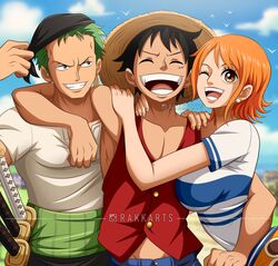  2boys :d bandana black_hair breasts earrings english_commentary female green_hair grin happy haramaki hat highres hug jewelry katana large_breasts lips monkey_d._luffy multiple_boys nami_(one_piece) one_eye_closed one_piece open_mouth orange_eyes orange_hair orange_skirt outdoors pants rakara11_(rakkarts) roronoa_zoro scar scar_on_cheek scar_on_face shirt short_hair short_sleeves skirt smile straw_hat striped_clothes striped_shirt sword teeth two-tone_shirt vest weapon white_shirt 