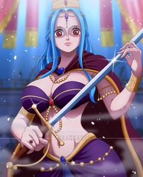  absurdres armlet artist_name blue_hair bracelet breasts cape cleavage closed_mouth crown english_commentary female highres holding holding_sword holding_weapon jewelry large_breasts long_hair looking_at_viewer navel necklace nefertari_d._lily one_piece pink_lips rakara11_(rakkarts) red_eyes ring solo spoilers sword thighs weapon 