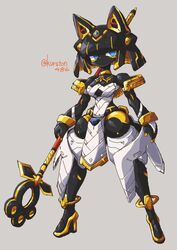  animal_ears black_hair black_skin blue_hair cat_ears colored_skin commentary_request egyptian female full_body gold_trim grey_background high_heels highres holding holding_staff humanoid_robot joints kuruton486 mechanical_hair original pelvic_curtain robot robot_girl robot_joints solo staff standing twitter_username 