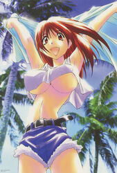  1990s_(style) absurdres arms_up belt breasts copyright_notice covered_nipples cowboy_shot crop_top day denim female highres huge_breasts long_hair looking_at_viewer mixed_media nanako_kaitai_shinsho non-web_source oerba_yun_fang official_art open_mouth outdoors palm_tree photo_background red_eyes red_hair retro_artstyle scan shichigusa_nanako short_shorts shorts solo standing tree yamashita_toshinari 