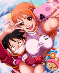  2boys :d antlers arm_around_waist arm_tattoo black_hair breasts cellphone english_commentary female gloves grin headset highres holding holding_phone horns hug large_breasts leotard long_hair looking_up monkey_d._luffy multiple_boys nami_(one_piece) one_piece open_mouth orange_hair phone rakara11_(rakkarts) reindeer selfie short_hair smartphone smile tattoo teeth tony_tony_chopper v white_leotard 