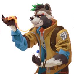  anthro canid canine clothed clothing digital_media_(artwork) eating epic_games facial_piercing food fortnite fortnite:_battle_royale fur hi_res male mammal nose_piercing nose_ring piercing pizza procyonid raccoon ring_piercing rufus_(fortnite) simple_background snow.hound solo 