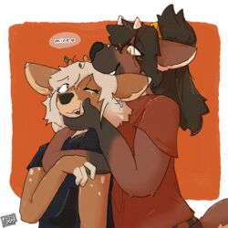  1:1 ambiguous_gender anthro antlers blush blush_lines brown_body brown_fur catjam_(artist) clothing deer dialogue duo ear_piercing ear_ring english_text facial_piercing female flower fur fur_markings furgonomics furry-specific_piercing grabbing_face hair horn hug hugging_another hugging_from_behind looking_at_another mammal markings muzzle_piercing nose_piercing piercing plant ponytail ring_piercing scut_tail shirt short_tail smile steph_(catjam) tail text topwear white_hair yan_(character) 