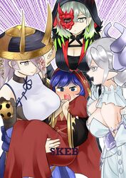  4girls blue_eyes blue_hair blush breast_conscious breasts carrying cleavage commentary commission demon_girl diabellstar_the_black_witch dress duel_monster fleurdelis_(yu-gi-oh!) grey_eyes grey_hair half_mask highres large_breasts lo_the_prayers_of_the_voiceless_voice looking_at_another lovely_labrynth_of_the_silver_castle mask medium_hair multiple_girls odd_one_out princess_carry red_robe robe sawan_cutman skeb_commission strapless strapless_dress surrounded talisman the_iris_swordsoul yu-gi-oh! 