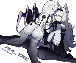  2girls animal_ears ass black_bodysuit black_hairband black_sleeves black_thighhighs blunt_bangs bodysuit claw_(weapon) claws cross-shaped_pupils dated detached_sleeves dress dual_persona grey_dress grey_hair grey_thighhighs hair_between_eyes hair_intakes hair_ornament hairband hairclip mechanical_ears mismatched_pupils multiple_girls n4gi5nagi no.21:_feral_scent_(punishing:_gray_raven) no.21:_xxi_(punishing:_gray_raven) no.21_(punishing:_gray_raven) punishing:_gray_raven sidelocks sleeves_past_fingers sleeves_past_wrists subdermal_port suspenders symbol-shaped_pupils thighhighs twitter_username unkempt weapon wolf_ears 