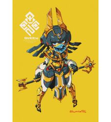  blue_eyes commentary_request egyptian female full_body holding holding_staff humanoid_robot joints kuruton486 looking_at_viewer mechanical_hair mouth_veil original pelvic_curtain robot robot_girl robot_joints solo staff standing tassel usekh_collar veil yellow_background 