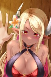  absurdres blonde_hair breasts dark-skinned_female dark_skin draph female granblue_fantasy highres horn_flower horns kabedon kumbhira_(granblue_fantasy) kumbhira_(summer)_(granblue_fantasy) large_breasts long_hair mutsuki_(mutsuki0110) orange_eyes pointy_ears pov pov_hands swimsuit wooden_wall 