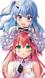  2girls alternate_costume bare_shoulders black_gloves blue_eyes blue_hair blush breasts cleavage cleavage_cutout clothing_cutout commentary cross-laced_clothes cross-laced_sleeves double-parted_bangs earrings fingerless_gloves gloves green_eyes hair_between_eyes hair_ornament hairclip highres hololive hoshimachi_suisei index_finger_raised interlocked_fingers jewelry large_breasts long_hair long_sleeves looking_at_another looking_at_viewer micomet_(hololive) multiple_girls nail_polish open_mouth own_hands_together pink_hair purple_nails sakura_miko see-through see-through_sleeves shirt side_ponytail simple_background sleeveless sleeveless_shirt smile star_(symbol) star_in_eye sugar_rush_(hololive) symbol_in_eye triangle_earrings tsurime unkai_amane upper_body virtual_youtuber white_background white_shirt x_hair_ornament 