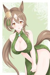  alternate_costume animal_ears border braid breasts brown_hair china_dress chinese_clothes cleavage_cutout clothing_cutout commentary_request cowboy_shot dress dress_tug ear_ornament embarrassed female green_background green_dress gurukorian hair_between_eyes highres horse_ears horse_girl horse_tail long_hair multicolored_hair ponytail satono_diamond_(umamusume) simple_background single_braid sleeveless sleeveless_dress solo streaked_hair tail umamusume very_long_hair white_border white_hair yellow_eyes 