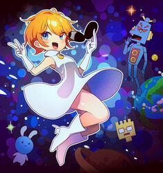  2boys absurdres alien_bunny_(warioware) blue_eyes dress earth_(planet) female fronk gloves highres holding holding_removed_eyewear mike_(warioware) multiple_boys offbeat open_mouth orange_hair orbulon planet robot short_hair space sunglasses unworn_eyewear v warioware white_dress white_footwear white_gloves 