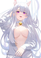  absurdres animal_ears bell breasts breasts_apart cat_ears cat_tail choker daily_(daily178900) ear_piercing extra_ears fangs female hand_up highres jingle_bell long_hair long_sleeves looking_at_viewer medium_breasts naked_shirt open_clothes open_mouth open_shirt original piercing purple_eyes shirt smile solo tail tail_raised unbuttoned upper_body very_long_hair white_choker white_hair white_shirt 