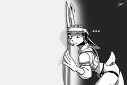  3:2 against_surface against_wall anne_speck anthro bob_cut clothing digital_drawing_(artwork) digital_media_(artwork) female gatonejo gradient_background greyscale hair hi_res jumpsuit lagomorph leporid listening mammal monochrome narrowed_eyes pupils rabbit scut_tail shaded shadow short_hair short_tail simple_background simple_shading slim solo tail unusual_pupils worried 