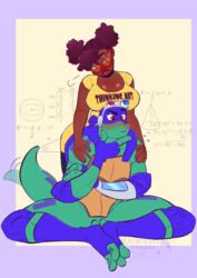  1boy absurdres afro alternate_breast_size alternate_skin_color april_o&#039;neil blue_eyes blush breast_rest breasts breasts_on_head brown_hair butterfly_sitting cleavage clothes_writing colored_skin commentary curvy dark-skinned_female dark_skin detached_sleeves donatello_(tmnt) double_bun dress english_commentary female fewer_digits fingerless_gloves full_body furry furry_male furry_with_non-furry glasses gloves goggles goggles_on_head green_skin hair_bun hand_on_own_chin head_tilt highres indian_style interspecies knee_pads large_breasts lipstick looking_at_another makeup math meme_attire no_penis oerba_yun_fang overexciteddragon purple_bandana purple_gloves purple_socks red-framed_eyewear red_eyes red_lips rise_of_the_teenage_mutant_ninja_turtles sitting skin_fang socks stroking_own_chin tail tail_wagging teenage_mutant_ninja_turtles thick_eyebrows thinking thinking_hat_shirt toeless_legwear turtle_shell very_dark_skin watermark yellow_dress 