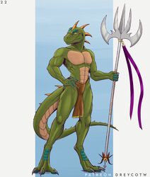  absurd_res anthro barbarian better_version_at_paywall blue_body blue_skin bottomwear clothed clothing digital_media_(artwork) dreycothewyrm green_body green_skin hi_res horn loincloth male melee_weapon muscular muscular_anthro muscular_male polearm reptile reptile_cynrik_(character) scalie solo tail topless trident weapon 