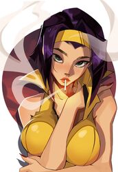  breasts cigarette cowboy_bebop english_commentary faye_valentine female green_eyes hairband headband highres large_breasts lips lipstick looking_at_viewer makeup pimozzarella purple_hair shirt short_hair sleeveless sleeveless_shirt smoke smoke_trail smoking solo yellow_hairband yellow_headband yellow_shirt 