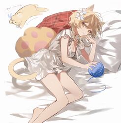  animal_ears animalization barefoot bed_sheet blonde_hair breasts cat_ears cat_girl cat_tail cleavage closed_mouth dress feline female flower genshin_impact hair_between_eyes hair_flower hair_ornament highres looking_at_viewer lumine_(genshin_impact) lying medium_breasts multiple_views on_side orange_eyes pillow short_sleeves tail umenoume white_dress white_flower yarn yarn_ball 