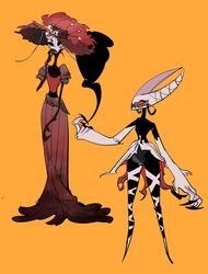  alternate_species anthro arthropod carmilla_carmine clothed clothing crossover dress ear_piercing ear_ring female furrification hat hazbin_hotel headgear headwear hollow_knight insects miaomiao orange_background piercing ring_piercing rosie_(hazbin_hotel) simple_background team_cherry 