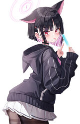  animal_ears ass black_choker black_hair black_jacket black_pantyhose blue_archive cat_ears chanpower233 choker colored_inner_hair cowboy_shot female food halo highres holding holding_food hood hood_down hooded_jacket ice_cream jacket kazusa_(blue_archive) long_sleeves looking_at_viewer multicolored_hair pantyhose pink_hair pink_halo pleated_skirt red_eyes short_hair simple_background skirt solo tongue tongue_out v white_background white_skirt 