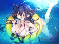  afloat bandages bare_shoulders bikini black_hair breasts cleavage commentary_request crescent danua danua_(summer)_(granblue_fantasy) draph female floating_hair food granblue_fantasy horn_ornament horns innertube jewelry large_breasts long_hair messy namanie necklace official_alternate_costume pendant pointy_ears popsicle red_eyes solo swim_ring swimsuit tongue tongue_out water white_bikini 