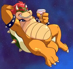  anthro barefoot beverage biped bowser claws container cup feet food gums hair horn koopa male mario_bros nintendo one_eye_closed overweight overweight_anthro overweight_male relaxing reptile scalie sharp_teeth shell short_hair smile solo space spikes star teeth thegreatmatsutzu toe_claws 