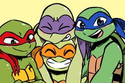  2017 3:2 anthro bandana blue_eyes blush closed_eyes clothing donatello_(tmnt) freckles green_background green_eyes group hug hugging_another hugging_from_behind inkyfrog kerchief leonardo_(tmnt) looking_at_viewer male mask michelangelo_(tmnt) notched_shell open_mouth open_smile raphael_(tmnt) reptile scalie shell simple_background smile teenage_mutant_ninja_turtles tooth_gap turtle 