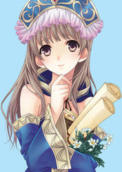  atelier_(series) atelier_meruru atelier_totori blue_background blue_sleeves brown_eyes brown_hair commentary_request detached_collar detached_sleeves female flower hairband long_hair photoshop_(medium) smile solo totooria_helmold upper_body yuuki_mitsuru 