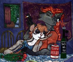  alcohol american_opossum anthro australian_possum beverage ear_piercing female finian_wren hair hi_res hyena katyech male mammal marsupial petaurid piercing red_hair smoking spots spotted_hyena sugar_glider 