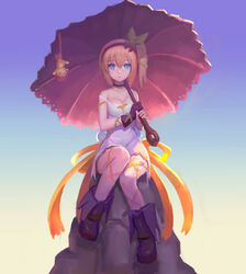  bare_shoulders black_choker blonde_hair blue_eyes boots breasts choker cleavage collarbone commentary dress dusttodusk edna_(tales) female gloves green_ribbons hair_between_eyes hair_ribbon hairband holding holding_umbrella looking_at_viewer normin_(tales) phoenix_(tales) photoshop_(medium) ribbon side_ponytail simple_background single_glove sitting solo strap_slip tales_of_(series) tales_of_zestiria tress_ribbon umbrella 