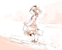  5:4 anthro beach canid canine canis domestic_dog female greyscale kemono mammal monochrome open_mouth outside pipisan seaside solo 