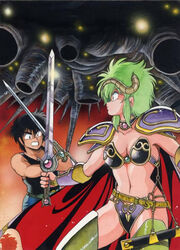  1980s_(style) 1boy armor bikini_armor black_hair bracer cape female green_hair grin holding holding_sword holding_weapon horns kahm long_hair manabe_jouji navel official_art outlanders pauldrons photoshop_(medium) retro_artstyle sheath shoulder_armor smile sword sword_fight thighhighs wakatsuki_tetsuya weapon 