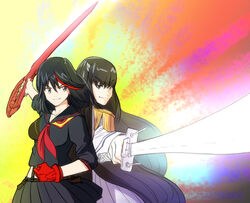  2girls back-to-back back_to_back black_hair hime_cut junketsu kill_la_kill kiryuuin_satsuki matoi_ryuuko multicolored_hair multiple_girls raybar senketsu smile sword two-tone_hair weapon 