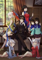  1boy 6+girls absurdres admiral_(warship_girls_r) aurora_(warship_girls_r) axis_powers_hetalia bare_shoulders black_hair braid brown_eyes brown_hair capelet chair chao_ho_(warship_girls_r) china_(hetalia) china_dress chinese_clothes chongqing_(warship_girls_r) commentary_request crossed_legs curtains detached_sleeves double_bun dress flower green_eyes grey_hair hair_bun hair_flower hair_ornament hair_ribbon hair_tubes hat highres japanese_clothes kelang kimono long_hair looking_at_viewer lying middle_finger military military_uniform mole mole_under_eye multiple_girls ning_hai_(warship_girls_r) obi oil-paper_umbrella on_side pantyhose peaked_cap ping_hai_(warship_girls_r) pleated_skirt ponytail pot red_eyes ribbon sash short_hair short_kimono side_ponytail single_side_bun sitting skirt standing umbrella uniform warship_girls_r white_hair window yat_sen_(warship_girls_r) yellow_eyes ying_swei_(warship_girls_r) 