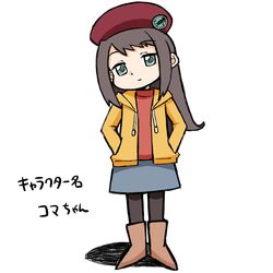  aqua_eyes beret black_pantyhose boots brown_footwear brown_hair character_name commentary female full_body green_eyes hat highres hood hooded_jacket jacket koma-chan_(rifyu) long_hair mangacoin pantyhose red_shirt rifyu shirt skirt solo yellow_jacket 