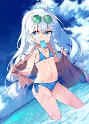  ahoge bikini blue_bikini blue_eyes blue_hair cloud commentary day dutch_angle eyewear_on_head female flat_chest food food_in_mouth groin highres korean_commentary long_hair looking_to_the_side low-tied_long_hair mouth_hold navel ocean outdoors popsicle sankyaku_tako side-tie_bikini_bottom sky solo soulworker stella_unibell sunglasses swimsuit towel very_long_hair wading water wet 