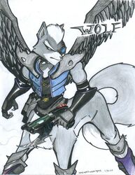  2010 bayonet bottomless canid canid_taur canine canine_taur canis clothed clothing collar dragonheart07 feathered_wings feathers fluffy fluffy_tail fur grey_body grey_fur gun handgun hi_res knife male mammal mammal_taur neolupetrooper9893 nintendo partially_clothed prosthetic ranged_weapon simple_background solo standing star_fox tail taur taurification taurified weapon white_background white_body white_fur wings wolf wolf_o&#039;donnell wolf_taur 