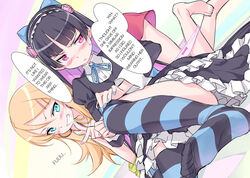  2girls adjusting_clothes adjusting_legwear aqua_eyes barefoot blush cosplay dress dutch_angle error feet flower gokou_ruri gothic_lolita grin hair_ribbon hairband hard_translated highres kousaka_kirino kousaki_rui lolita_fashion long_hair look-alike multicolored_hair multiple_girls nail_polish no_panties open_mouth orange_hair ore_no_imouto_ga_konna_ni_kawaii_wake_ga_nai panties panties_around_leg panty_&amp;_stocking_with_garterbelt panty_(psg) panty_(psg)_(cosplay) panty_pull pink_eyes pink_panties pink_rose ribbon rose smile stocking_(psg) stocking_(psg)_(cosplay) striped striped_legwear sweat thighhighs translated tsundere two-tone_hair underwear undressing yuri 