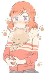  animal animal_in_clothes blush canine commentary_request female hood hood_down hoodie long_sleeves love_live! love_live!_school_idol_project medium_hair natsutaro_(sss_stn) nishikino_maki nose_blush notice_lines paw_print purple_eyes red_hair solo upper_body white_background 