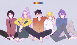  5boys ^_^ blonde_hair blue_eyes brown_hair closed_eyes commentary_request copyright_name hachisuka_kotetsu indian_style kasen_kanesada kashuu_kiyomitsu male_focus mole mole_under_mouth multiple_boys mutsu-no-kami_yoshiyuki nail_polish noah_(livas) open_mouth photoshop_(medium) ponytail purple_hair red_eyes sitting smile touken_ranbu yamanbagiri_kunihiro 