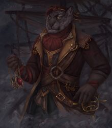  2018 5_fingers anthro black_body black_fur black_nose clothed clothing detailed_background digital_media_(artwork) felid fingers fur hi_res male mammal pirate raventenebris solo yellow_eyes 