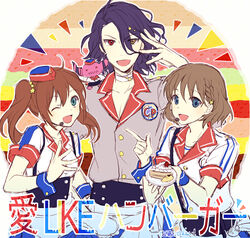  3boys adapted_costume asselin_bb_ii bad_id bad_pixiv_id blue_hair brown_hair burger_skater_(idolmaster) cake cosplay crossdressing food green_eyes headset heterochromia idolmaster idolmaster_side-m kumao_(azusakoi) looking_at_viewer male_focus mizushima_saki multiple_boys otoko_no_ko photoshop_(medium) red_eyes satan_(idolmaster) stuffed_toy twintails uzuki_makio wavy_hair wrist_cuffs yellow_eyes 