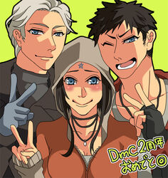  2boys anniversary black_hair blue_eyes breasts chiyako_(tita10) cleavage commentary_request dante_(dmc:_devil_may_cry) devil_may_cry_(series) dmc:_devil_may_cry female fingerless_gloves gloves jacket jewelry kat_(devil_may_cry) lowres multiple_boys necklace one_eye_closed short_hair smile vergil_(dmc:_devil_may_cry) white_hair 