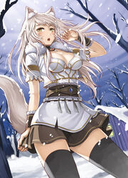  animal_ears arm_at_side bare_tree belt black_thighhighs blush breasts cleavage commentary_request cowboy_shot cropped_jacket crystal day dress dutch_angle eyelashes female from_below fur_trim highres house jchoy jewelry legs_apart long_hair looking_at_viewer looking_down medium_breasts motion_blur necklace oerba_yun_fang orb outdoors personification photoshop_(medium) sash short_sleeves sky snow snowing solo swept_bangs tail tassel thighhighs tooth_necklace tree trickster_(ntreev_soft) white_hair wolf_ears wolf_tail wristband yellow_eyes 