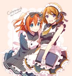  2girls :d apron arm_hug bare_shoulders beige_background black_dress blue_eyes book brown_hair character_name collared_shirt commentary_request dress gloves holding holding_book japanese_clothes koizumi_hanayo kosaka_honoka looking_at_viewer love_live! love_live!_school_idol_project maid maid_headdress menu mixed_maids multiple_girls necktie one_side_up open_mouth orange_hair pinstripe_pattern purple_eyes shirt simple_background sleeveless sleeveless_dress smile striped_clothes striped_dress wa_maid waist_apron white_gloves yuzucky 