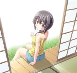  aiura arm_support bare_shoulders black_eyes black_hair blue_shorts blush camisole commentary_request eating female food long_hair looking_at_viewer looking_back low_twintails osaji0909 popsicle shorts sitting solo strap_slip twintails uehara_ayuko 